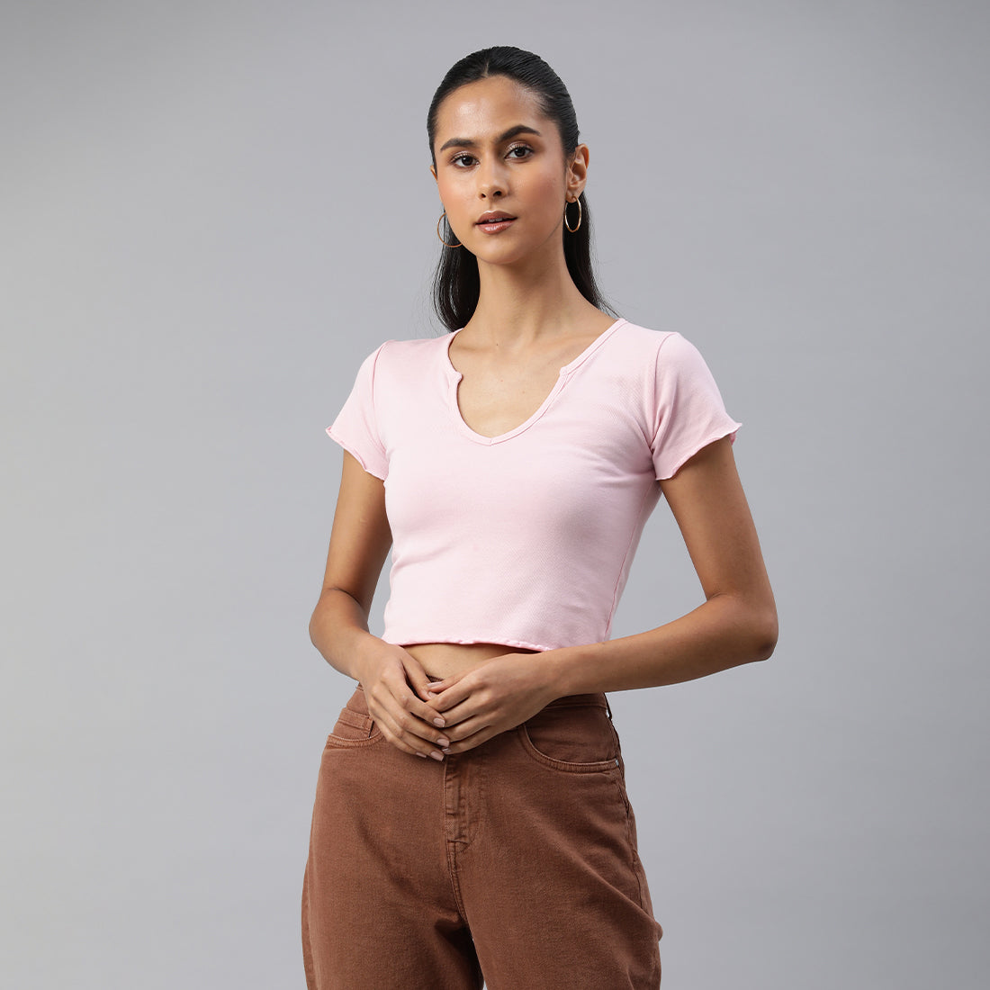 v neck rib knit top#color_pink