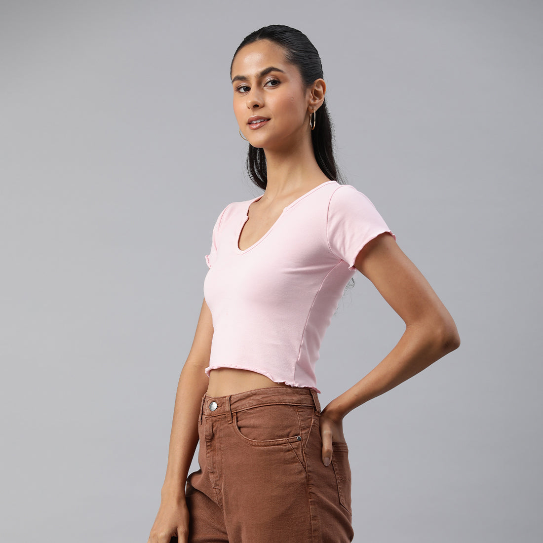 v neck rib knit top#color_pink