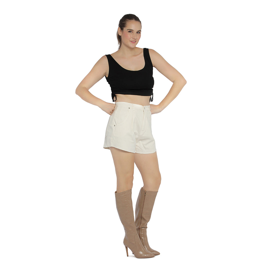 mid rise denim shorts#color_cream