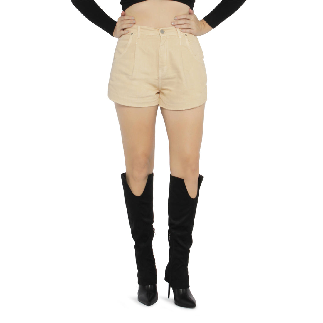 mid rise denim shorts#color_beige