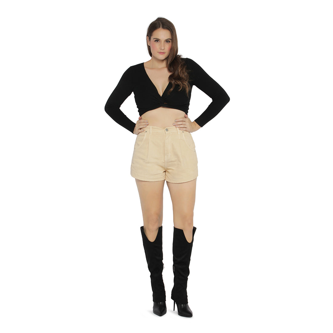 mid rise denim shorts#color_beige