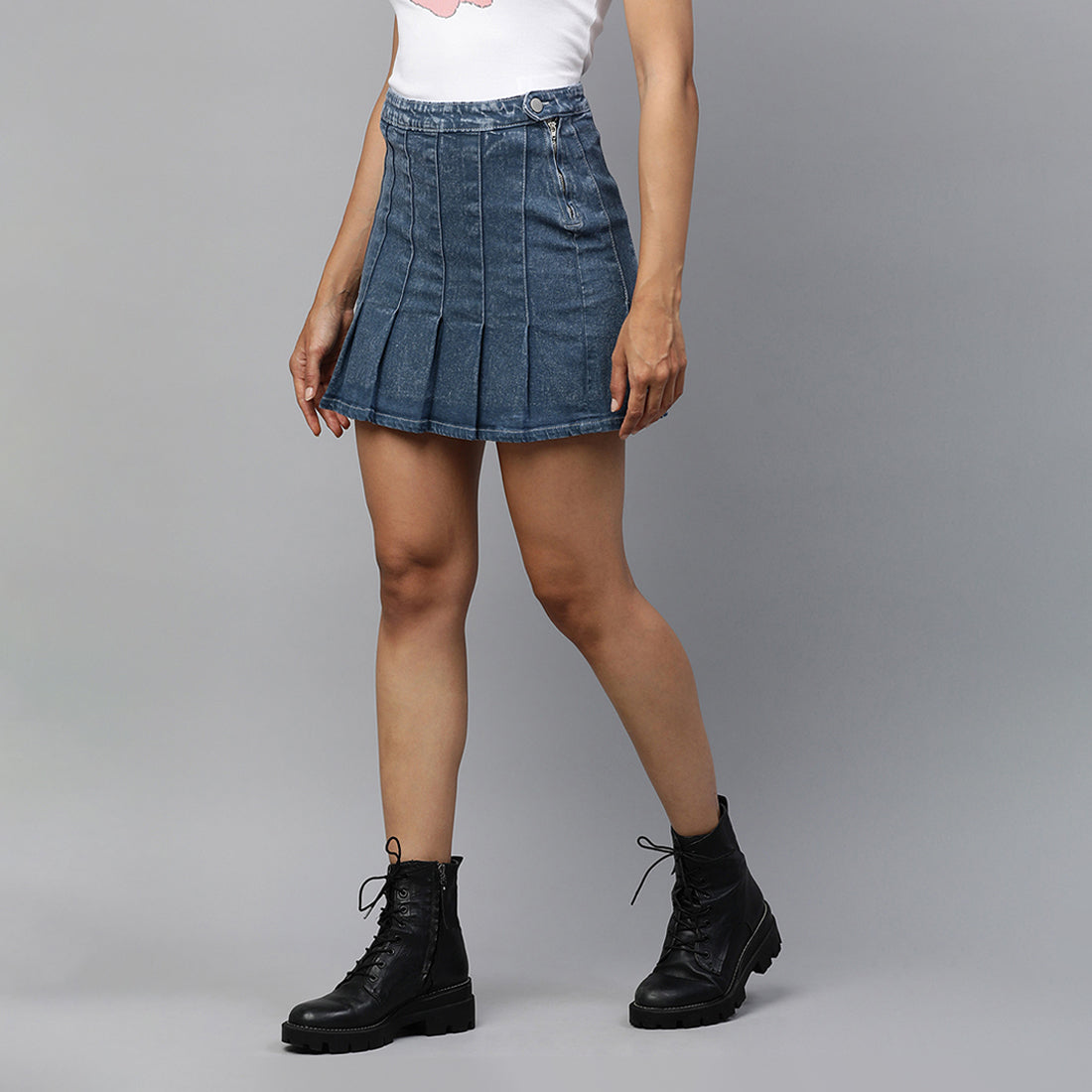 pleated denim mini skirt#color_dark-blue
