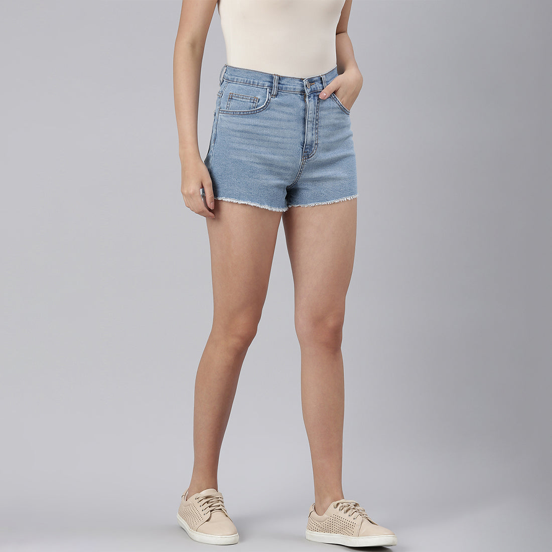 Blue High Waist Raw Hem Shorts