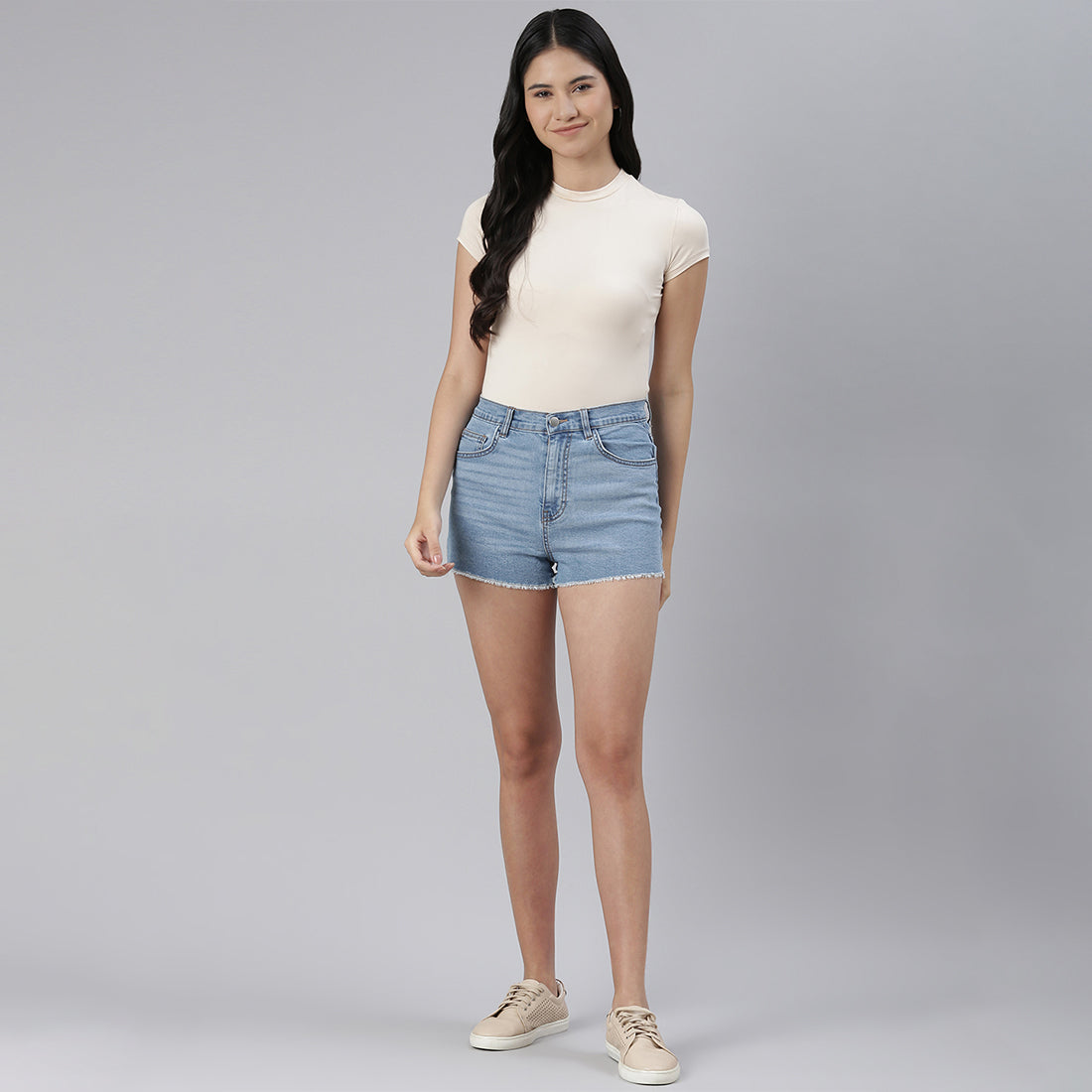Blue High Waist Raw Hem Shorts