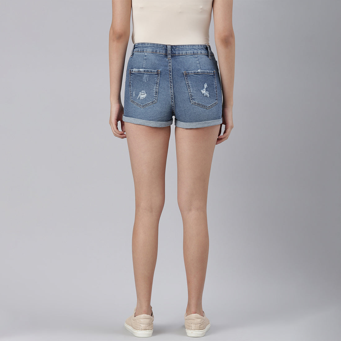 Blue High Waist Rolled Hem Shorts
