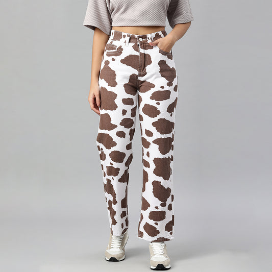 Brown Cow Print Wide Pants