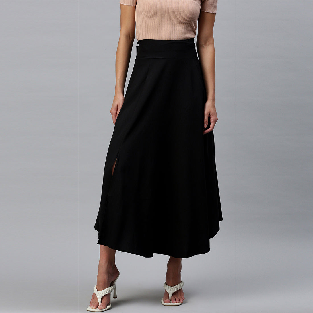 bow detail slit long skirt#color_black