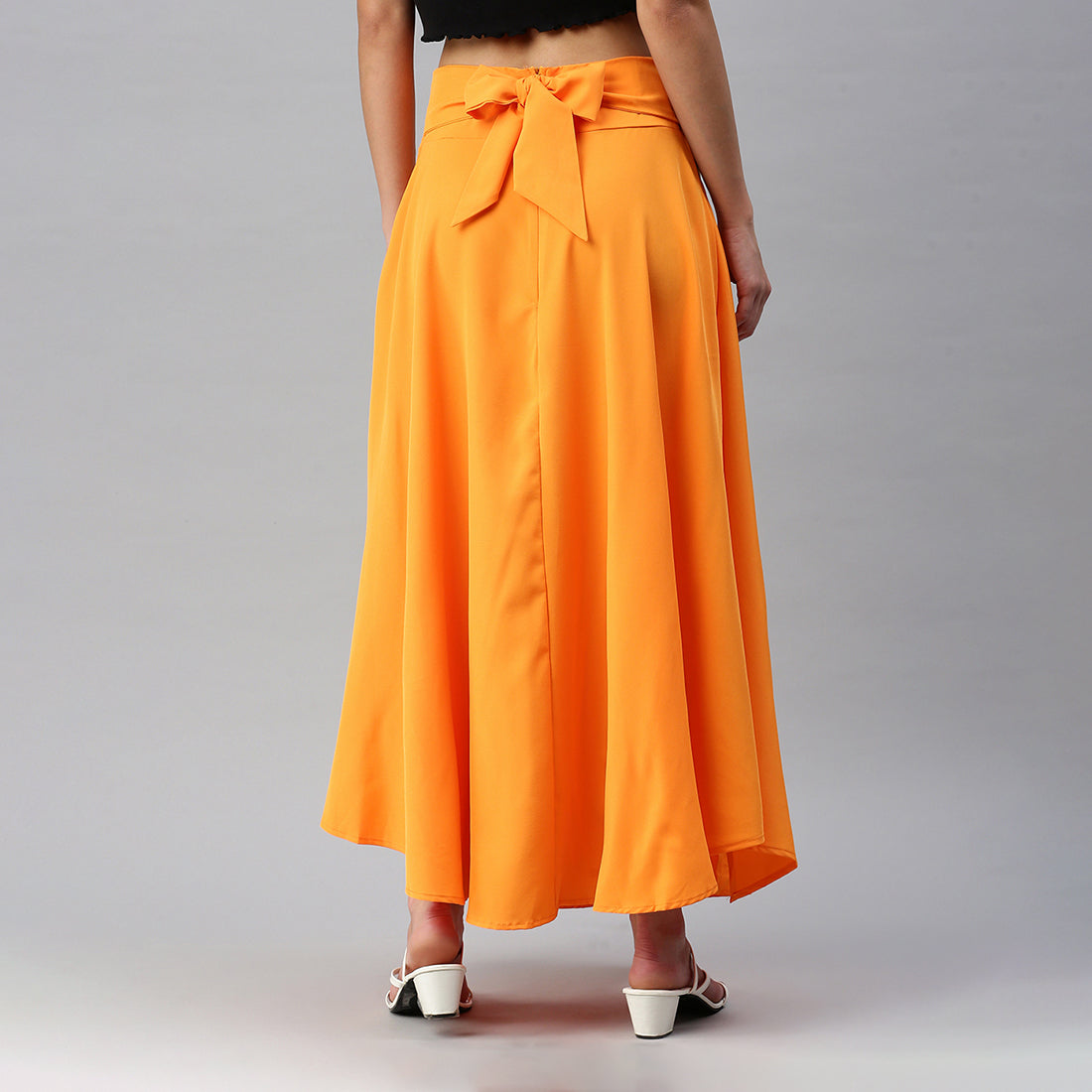 bow detail slit long skirt#color_orange