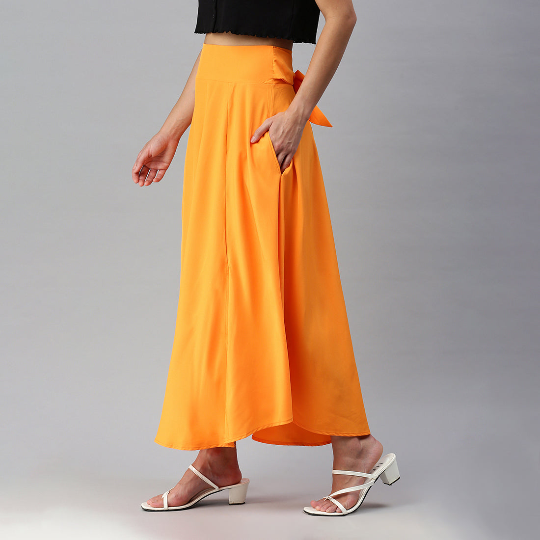 bow detail slit long skirt#color_orange