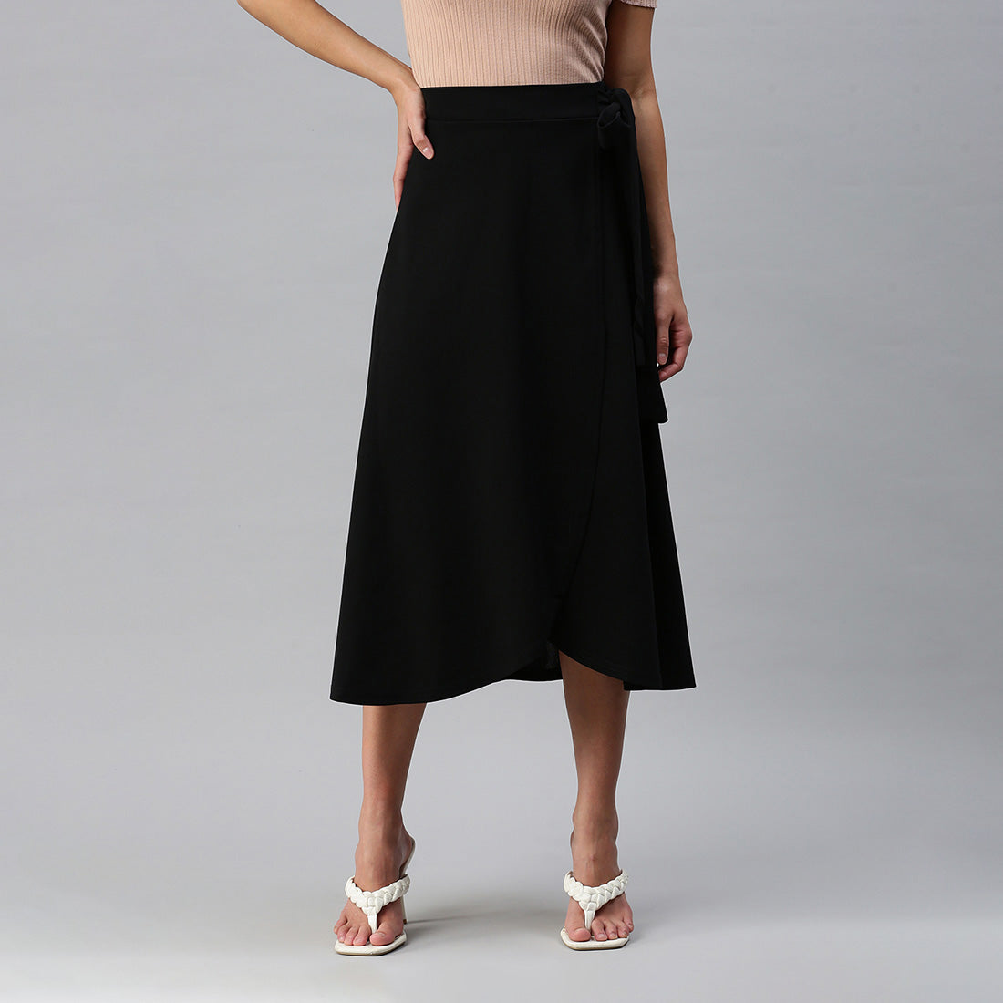 wrap style long maxi skirt#color_black