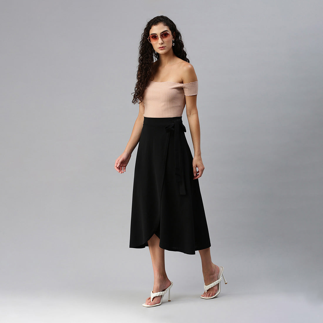 wrap style long maxi skirt#color_black