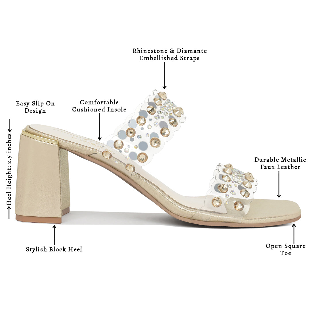 women clear diamante embellished block heels#color_gold
