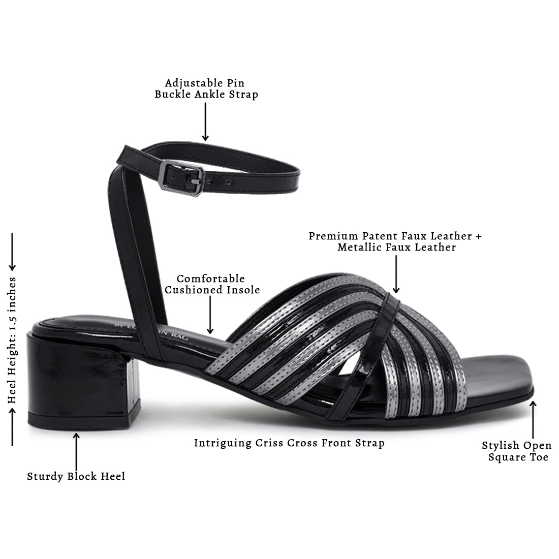 women square toe criss-cross ankle strap sandals#color_black-silver