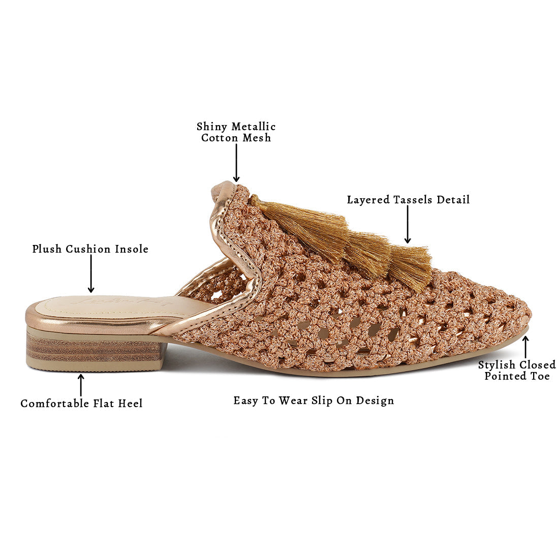 woven metallic tassel flat mules#color_bronze