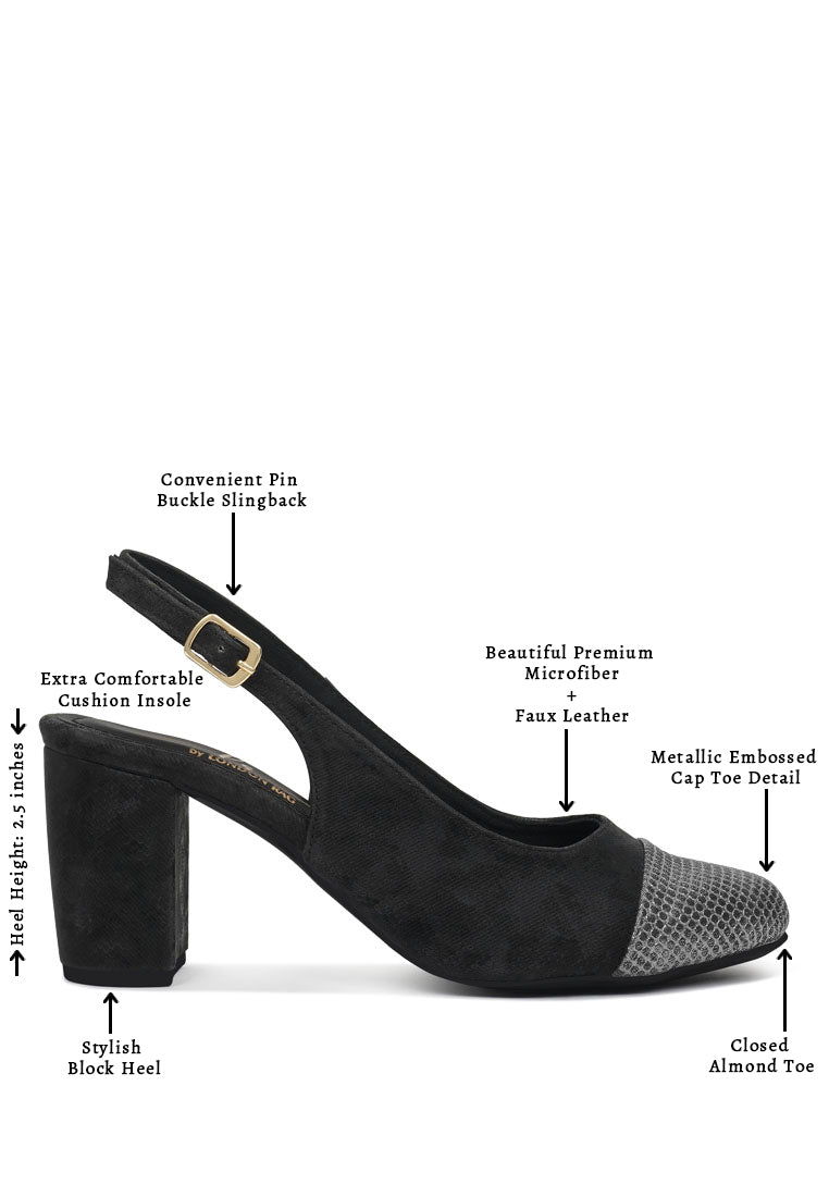 Women Pin Buckle Metallic Toe Cap Heels