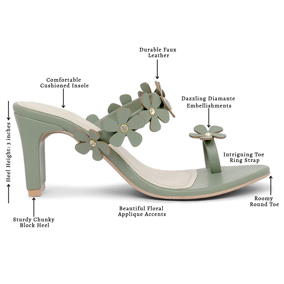 women floral applique slip-on block heels#color_olive-green