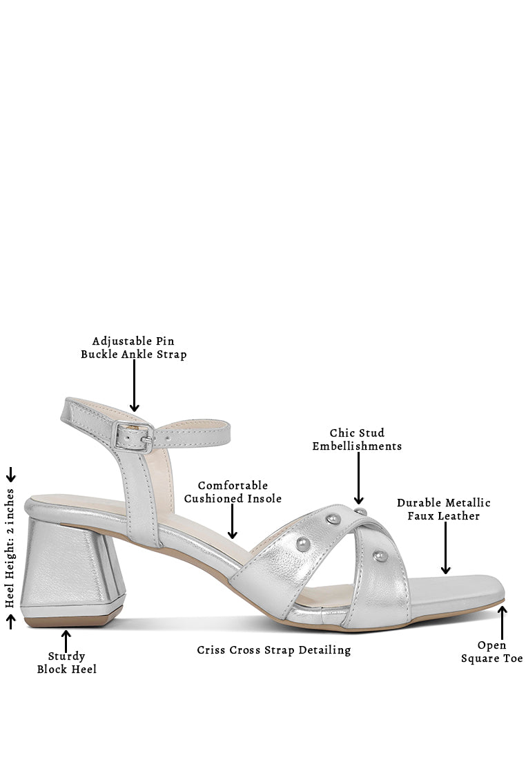 Women Metallic Stud Accent Block Heel Sandals