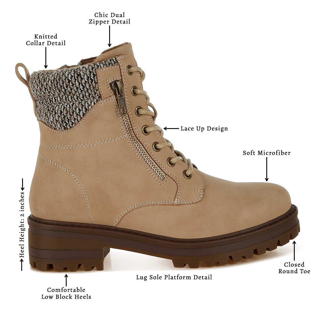 women knitted collar zip-up hiker boots#color_beige