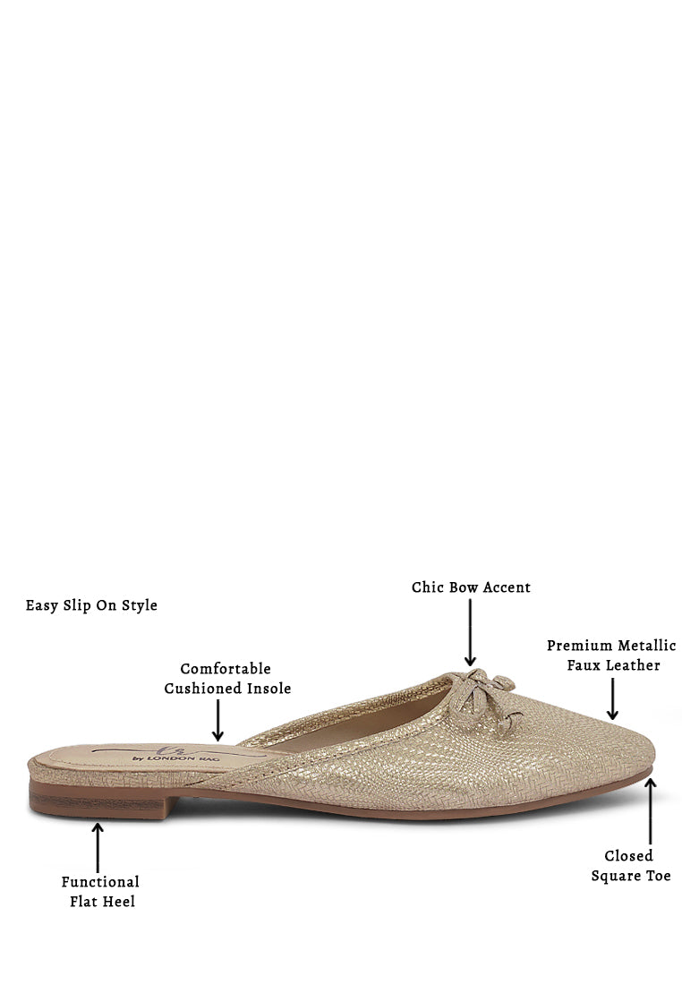 Women Bow Detail Metallic Mules
