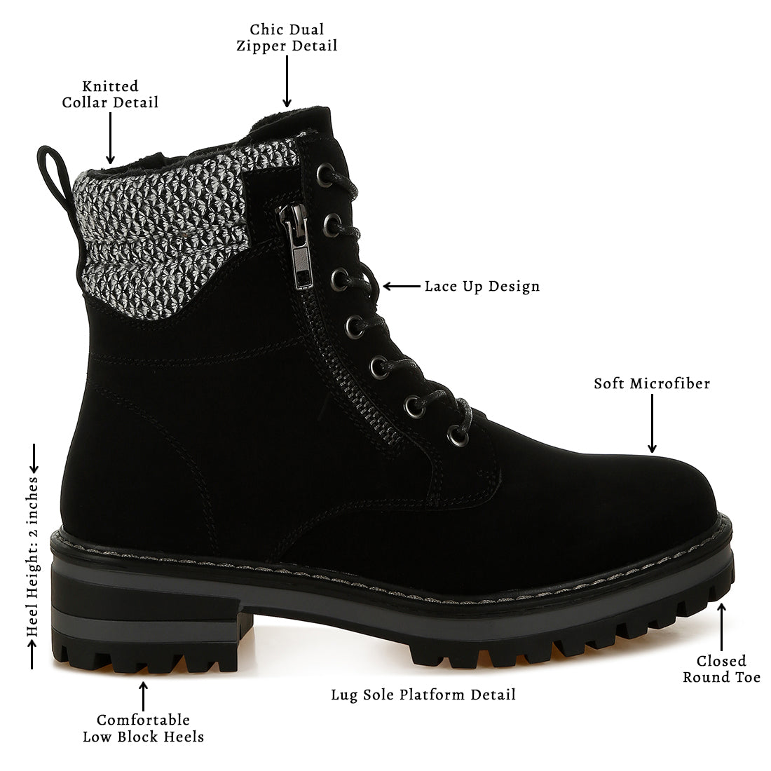 women knitted collar zip-up hiker boots#color_black