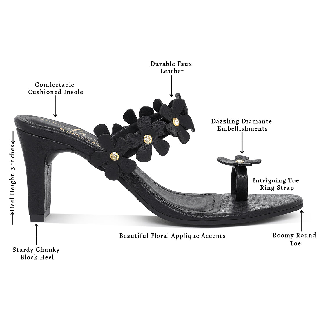 women floral applique slip-on block heels#color_black