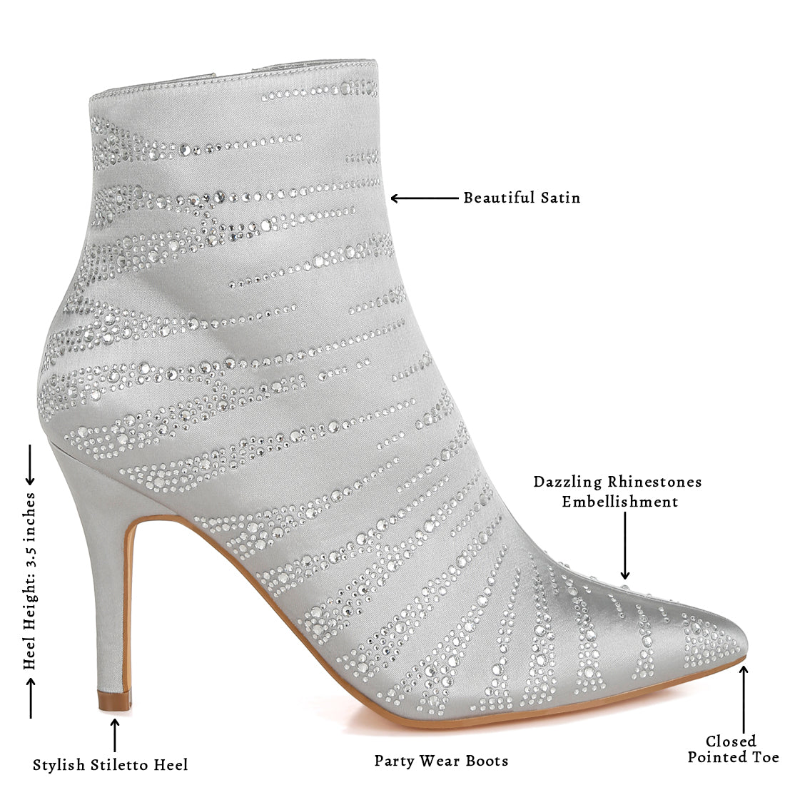 women satin rhinestone ankle party boots#color_silver