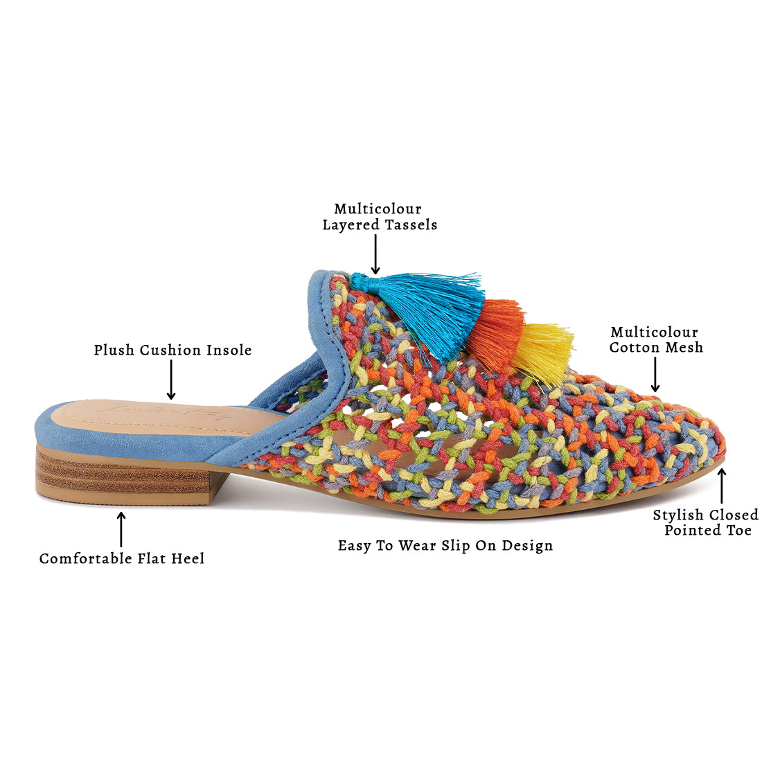cotton mesh tasseled mules#color_multicolor