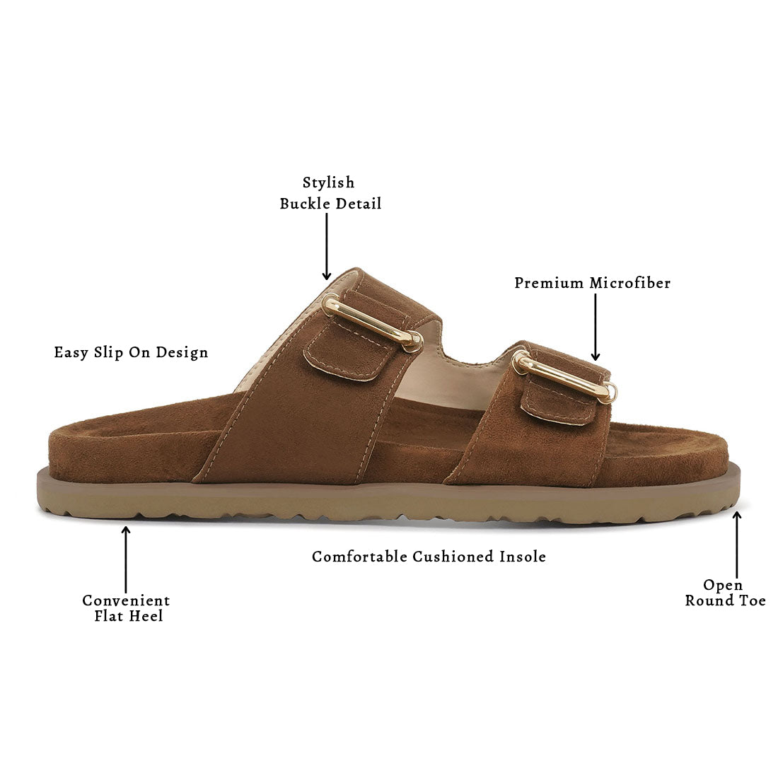 women microfiber buckle detail sandals#color_tan