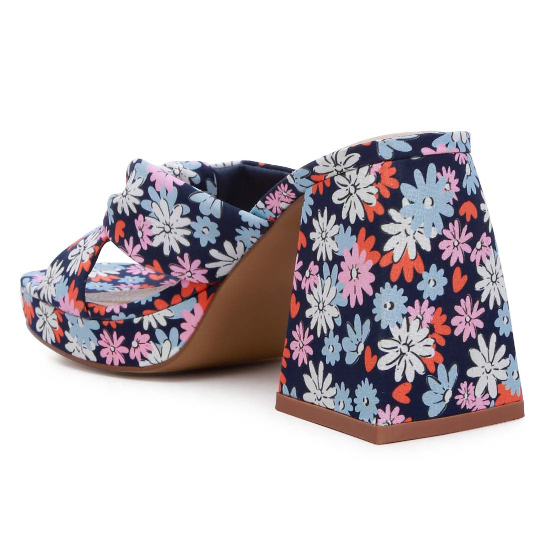 floral triangular block heel sandals#color_navy