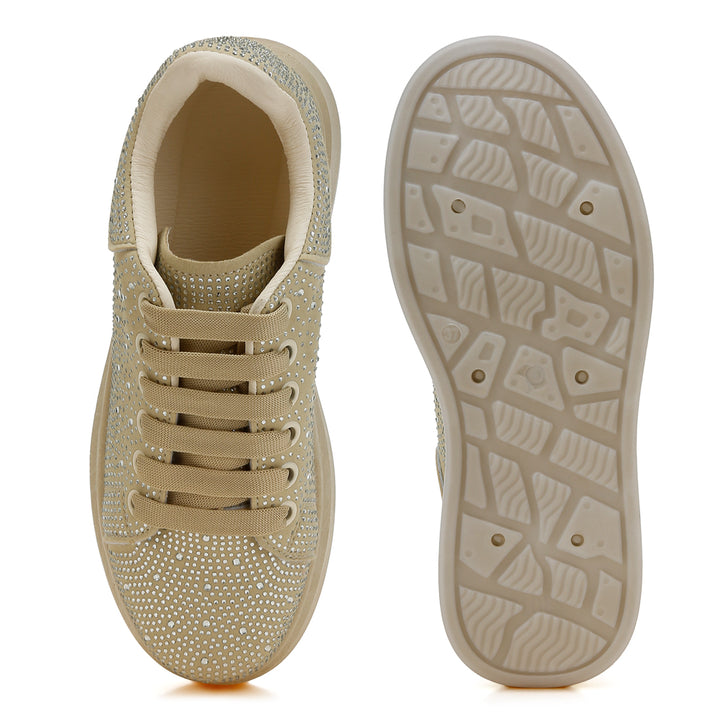 rhinestones embellished chunky sneakers#color_beige