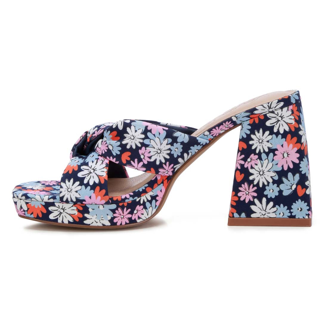 floral triangular block heel sandals#color_navy