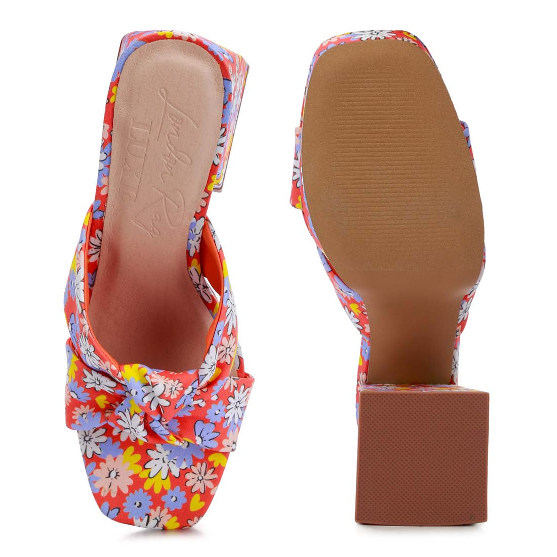 floral triangular block heel sandals#color_red