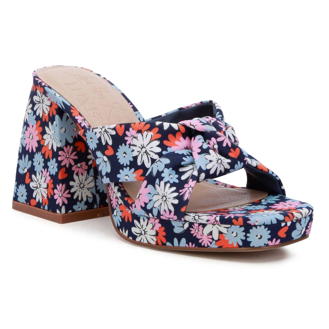 floral triangular block heel sandals#color_navy