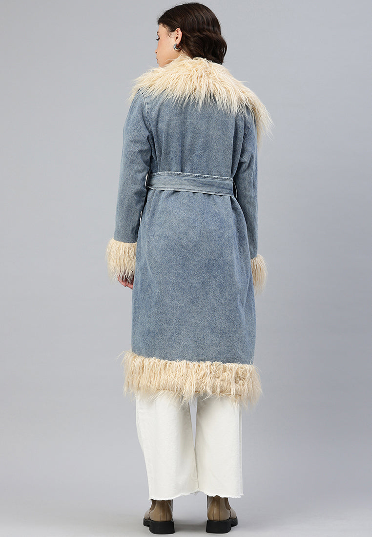 Faux Fur Trim Denim Trench Coat