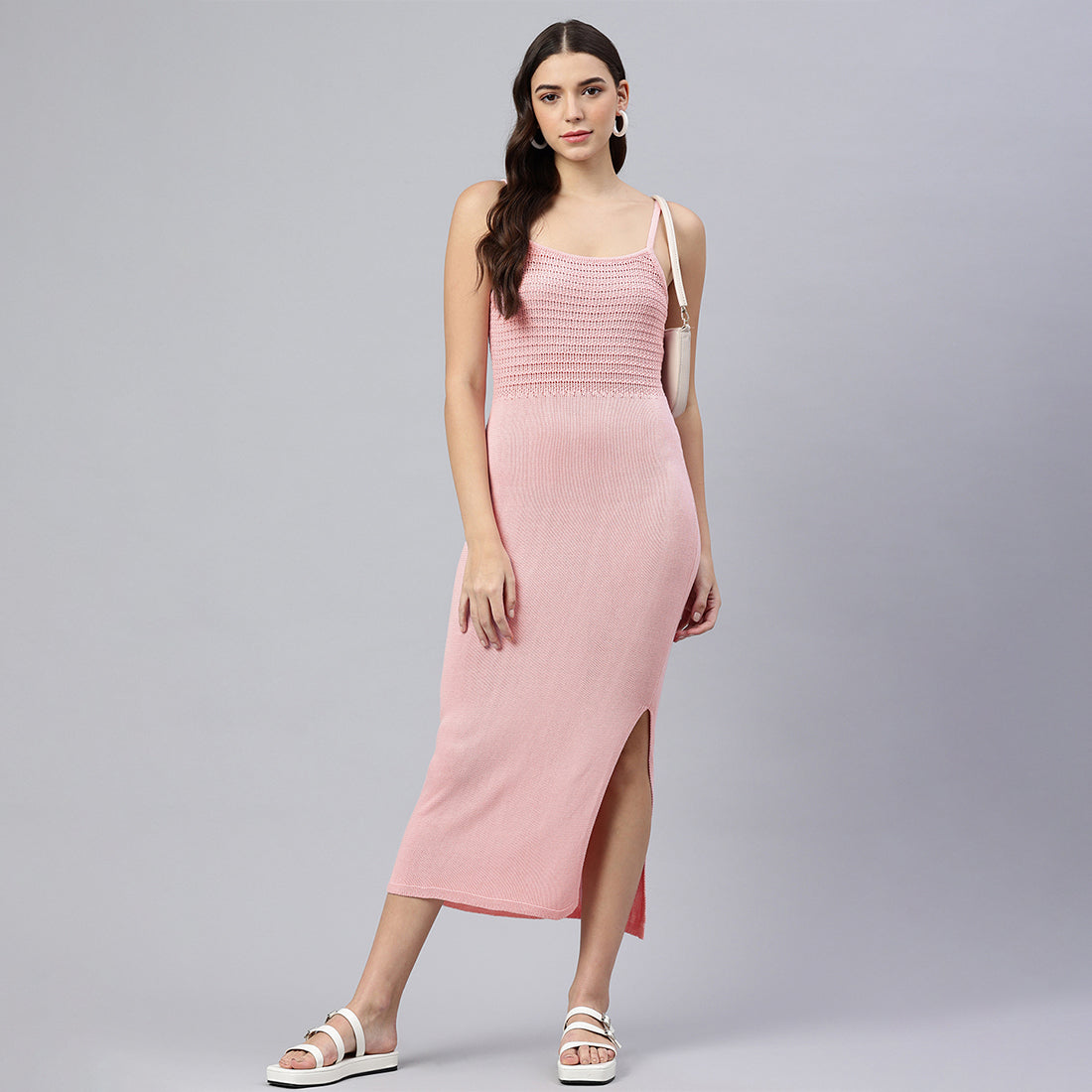 straight side slit dress#color_pink