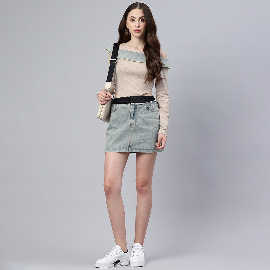 Off-Shoulder Denim Paneling Top