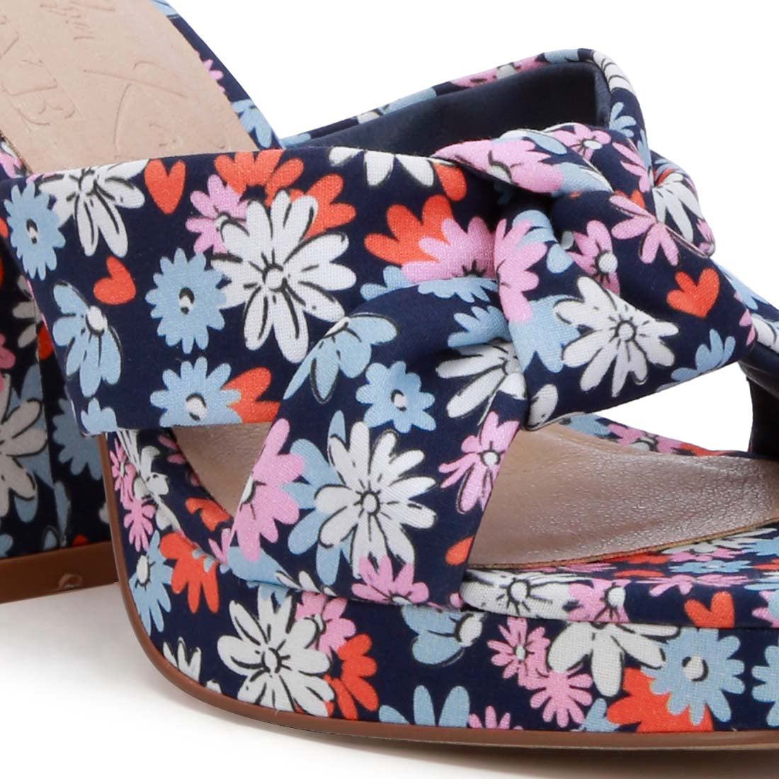 floral triangular block heel sandals#color_navy
