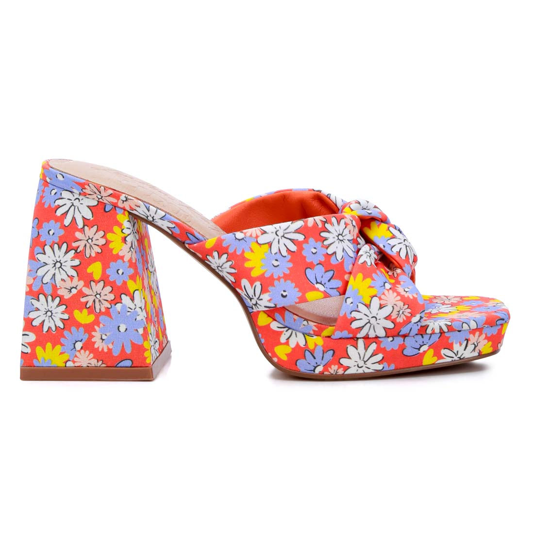 floral triangular block heel sandals#color_red