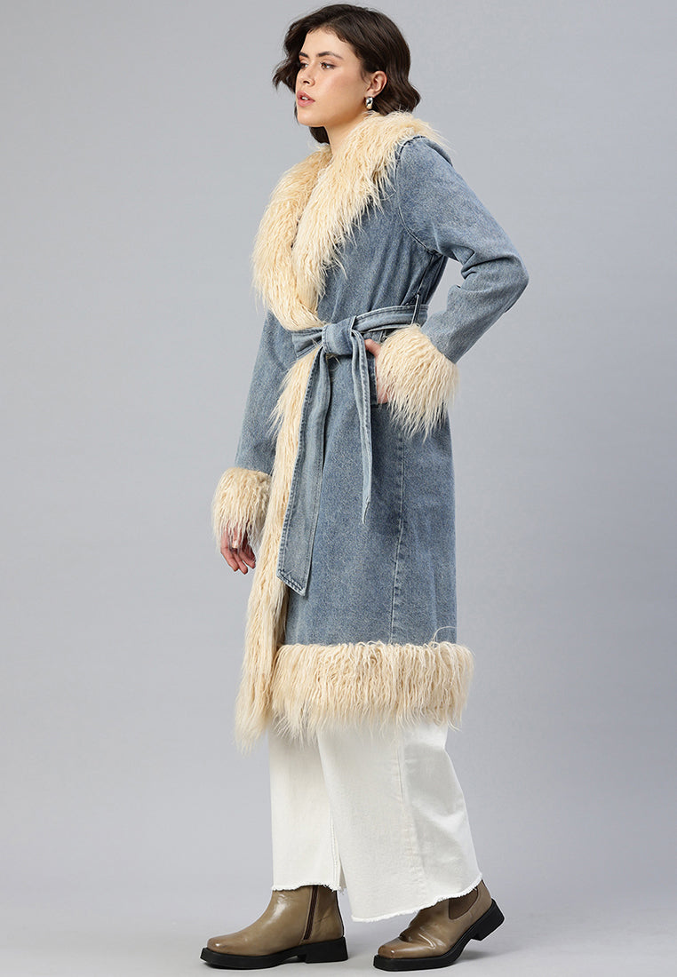 Faux Fur Trim Denim Trench Coat
