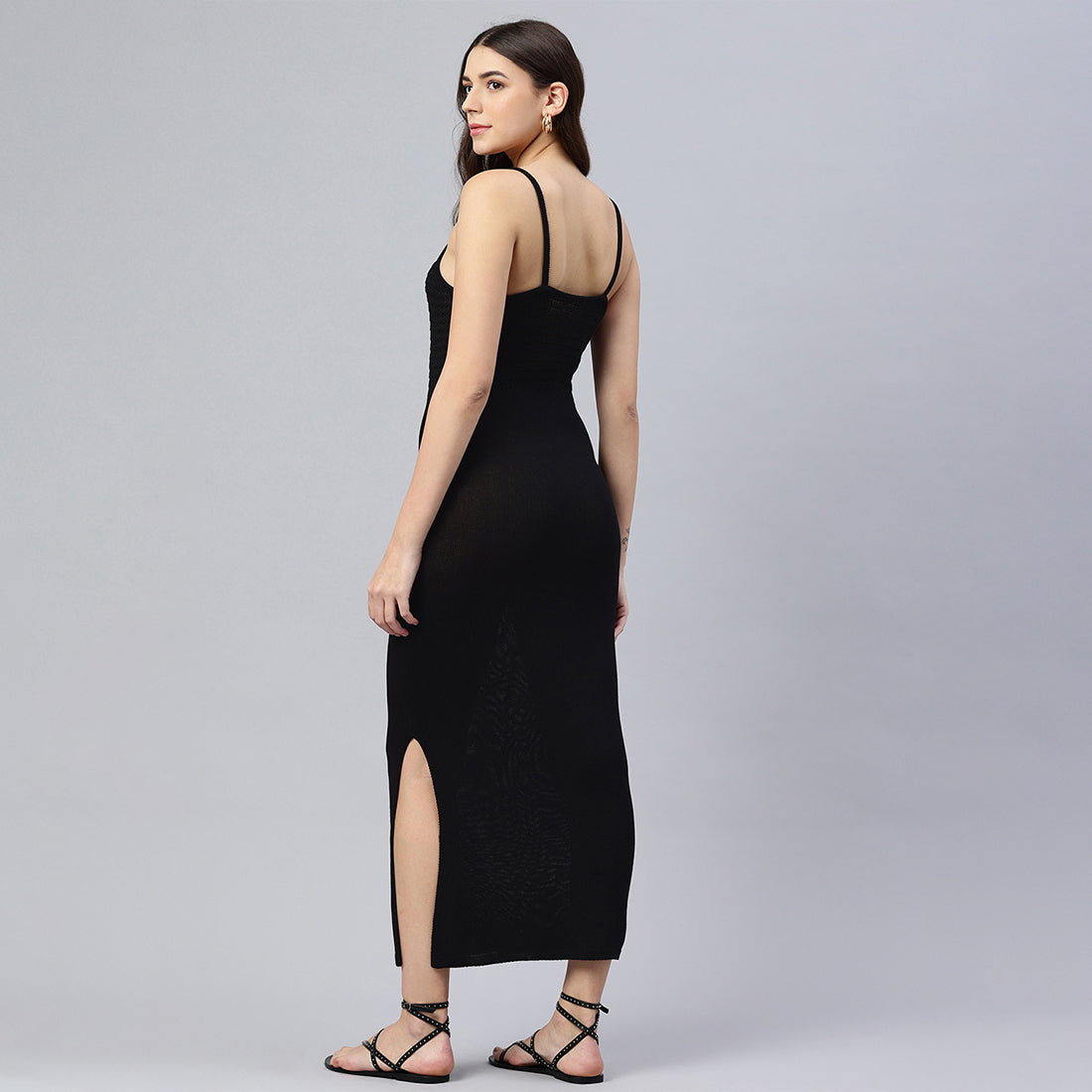 straight side slit dress#color_black