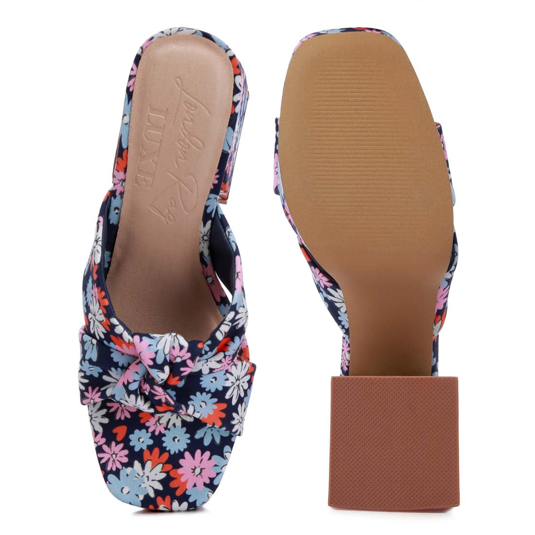 floral triangular block heel sandals#color_navy
