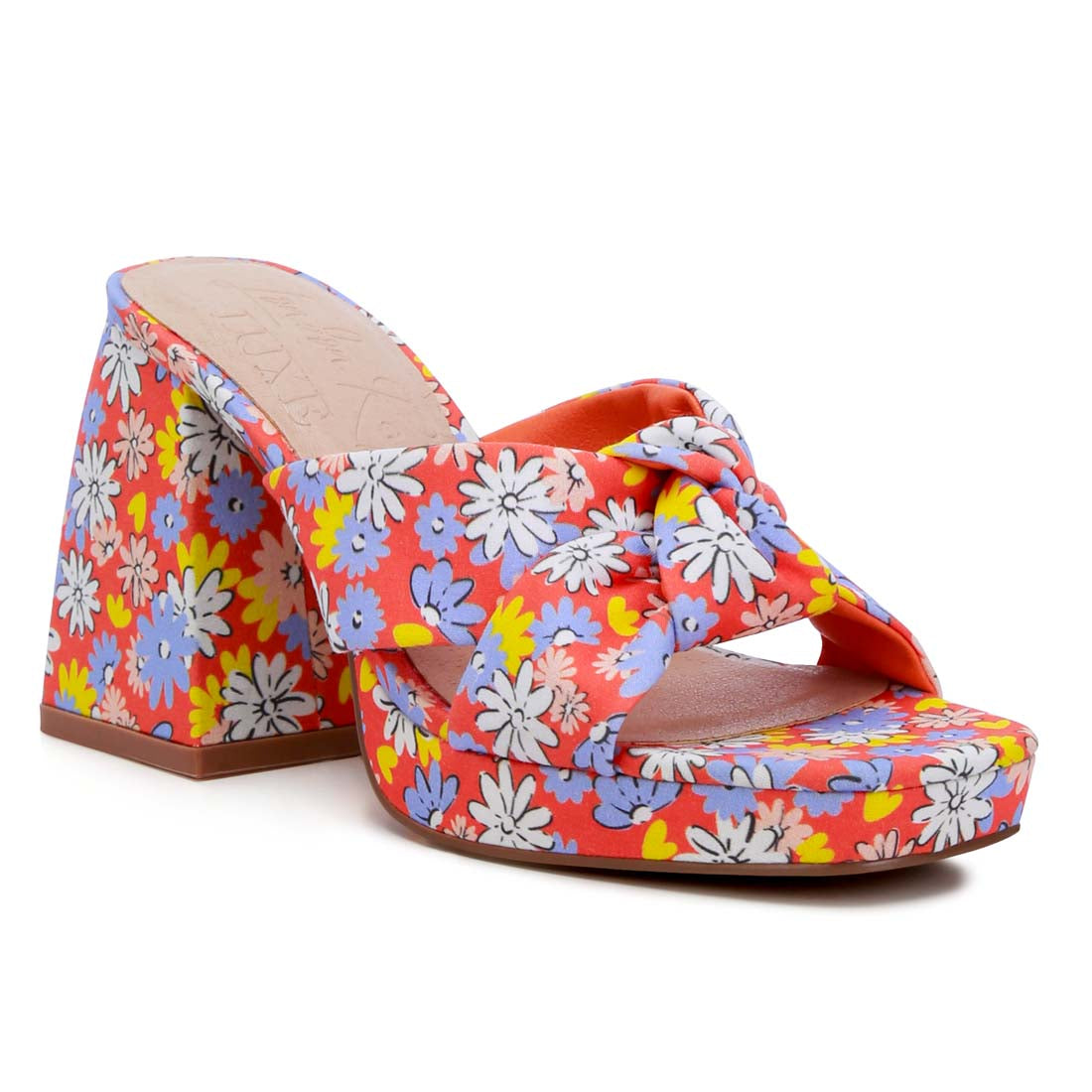 floral triangular block heel sandals#color_red