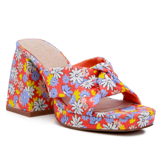 floral triangular block heel sandals#color_red