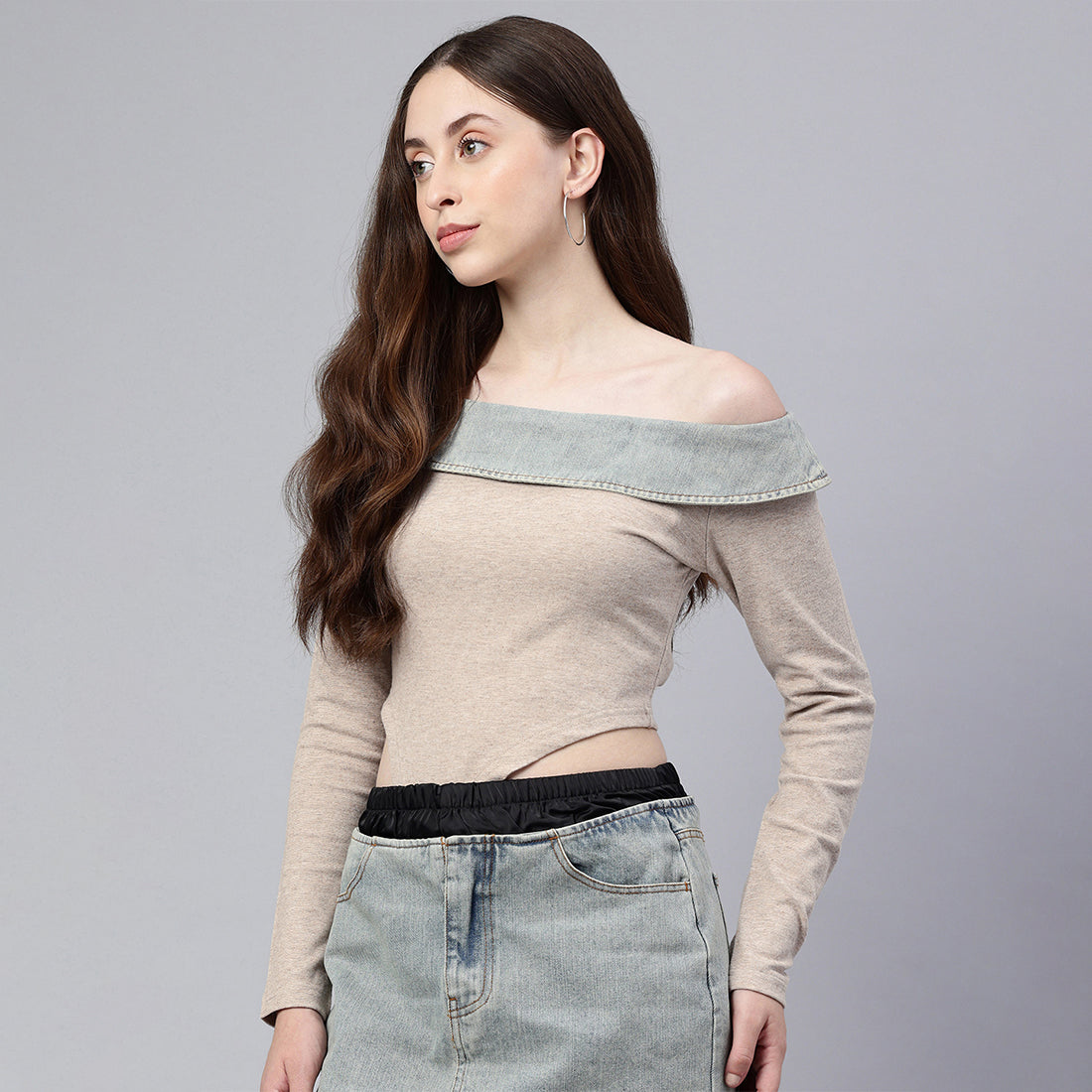 Off-Shoulder Denim Paneling Top