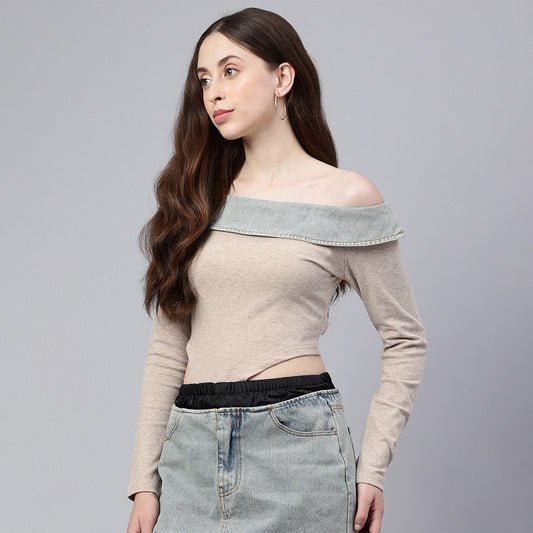 Off-Shoulder Denim Paneling Top