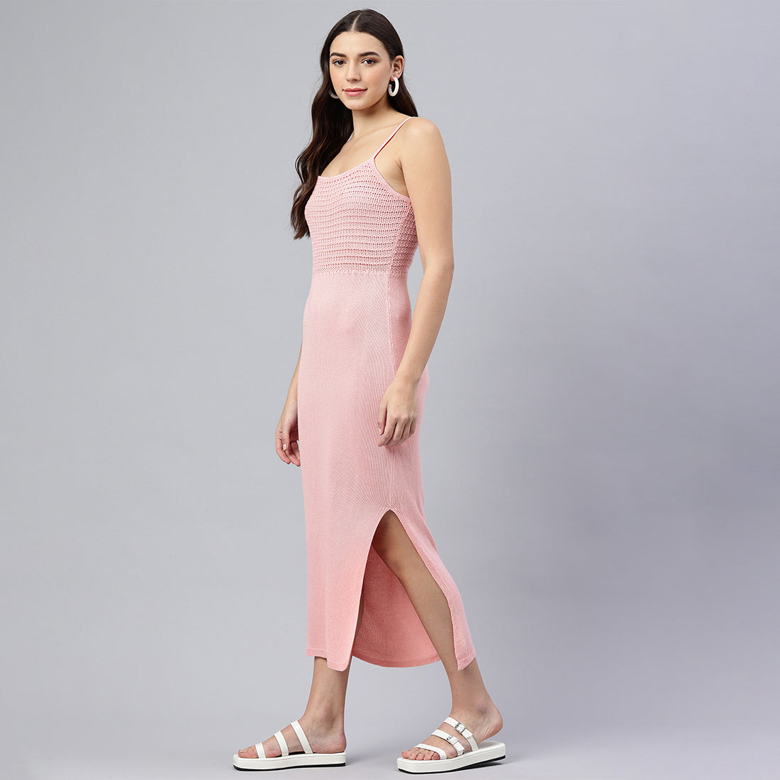 straight side slit dress#color_pink