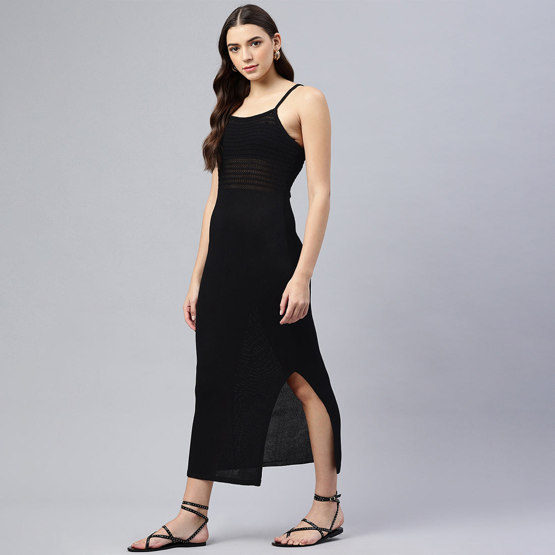 straight side slit dress#color_black