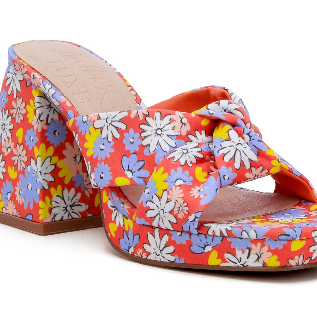 floral triangular block heel sandals#color_red