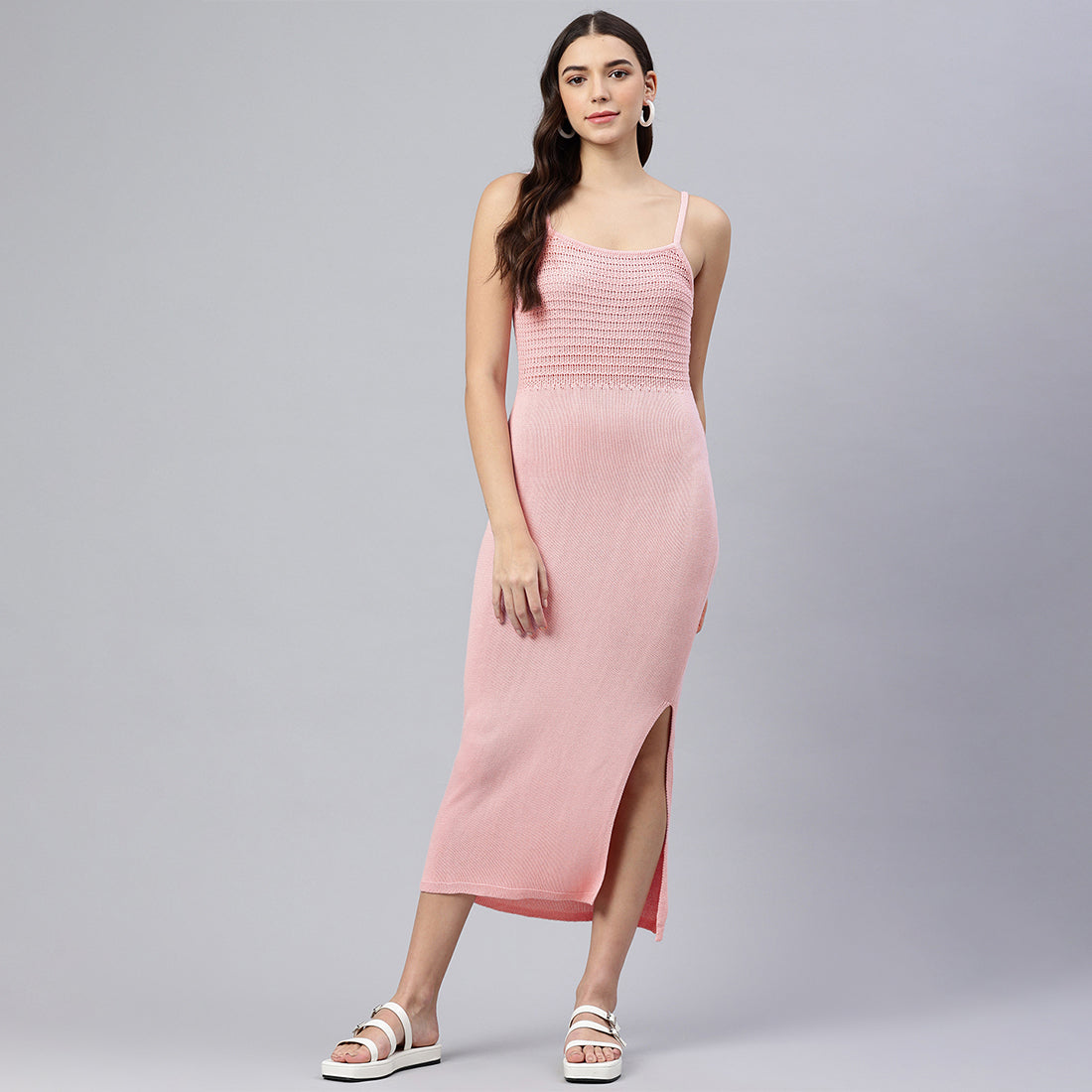 straight side slit dress#color_pink