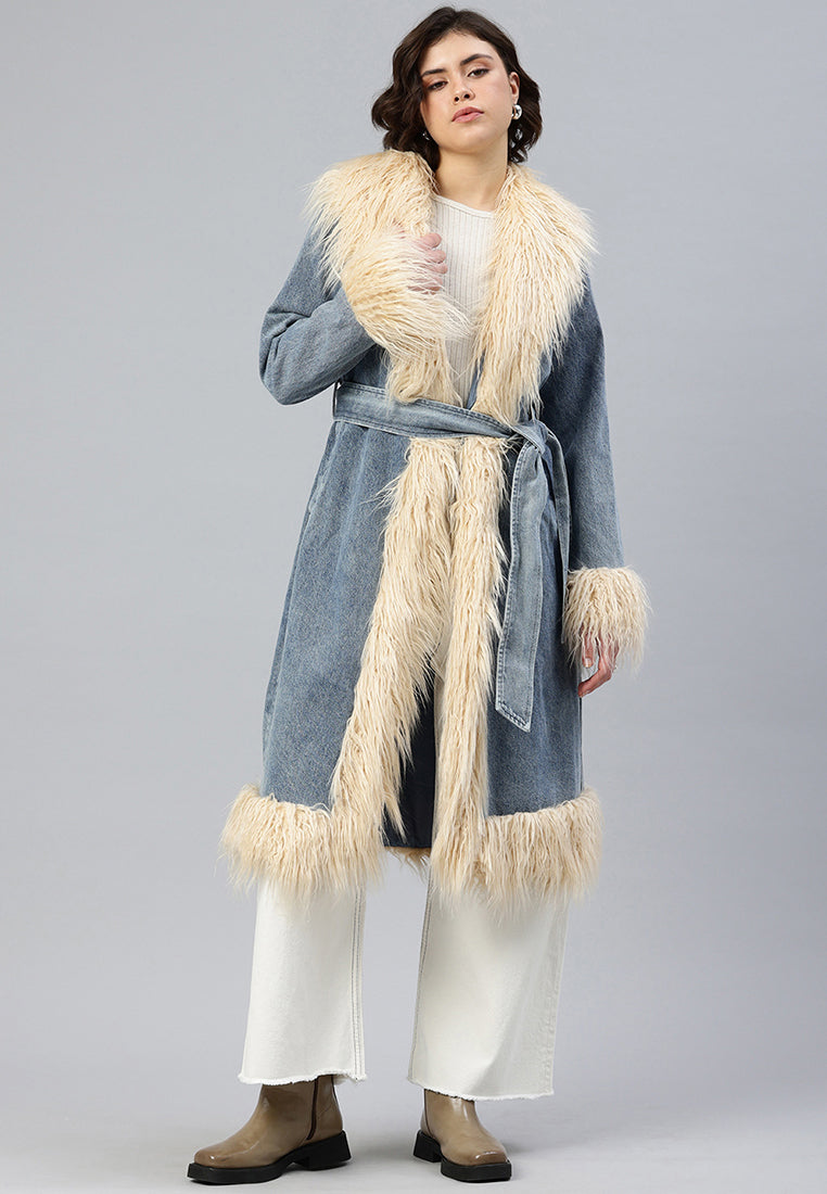 Faux Fur Trim Denim Trench Coat